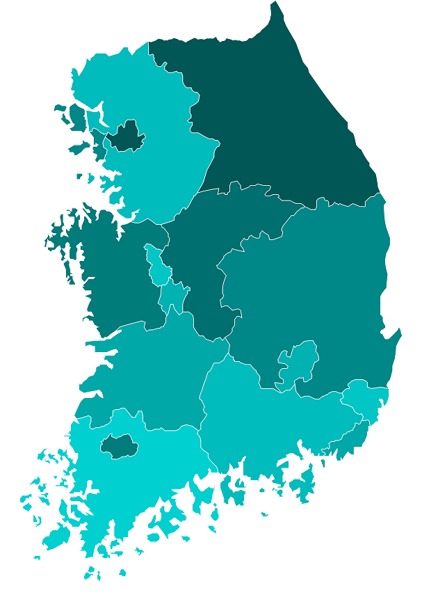 대한민국 지도. 서울과 경기도를 중심으로 16개 지역 사이트가 연결되어 있습니다.